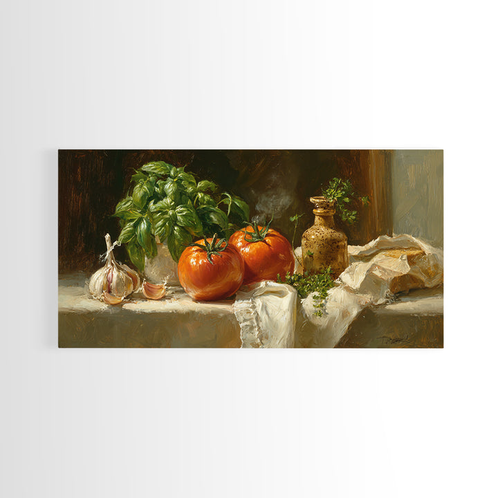Tomatoes Garlic and Basil on Linen Canvas Print, Kitchen Art, Poster Art, Kitchen Decor, Fine Art, Kitchen, Boho Decor, KIT-2x1-71