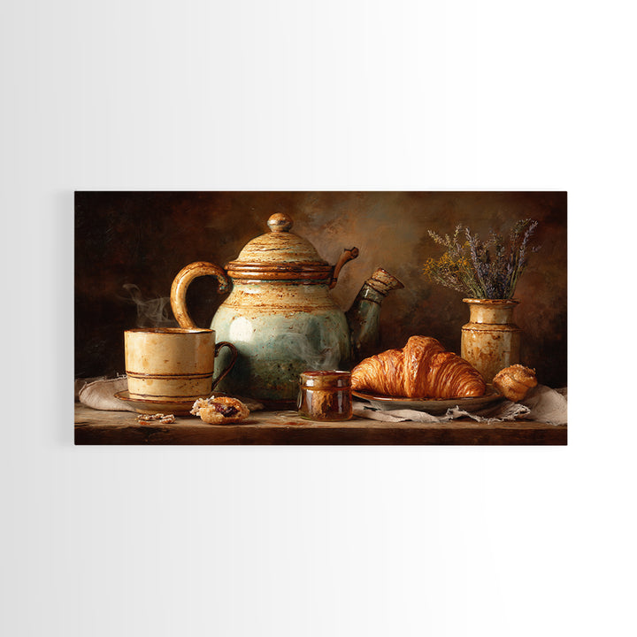 Coffee Pot and Croissant Morning Still Life Framed Canvas Print, Kitchen Art, Boho Decor, Kitchen Decor, Fine Art, Kitchen, KIT-2x1-75