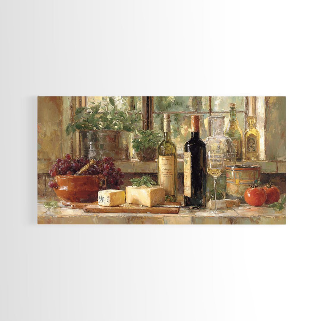 Wine Bottle Grapes and Cheese Still Life Framed Canvas Print, Kitchen Art, Kitchen Decor, Fine Art, Kitchen, Kitchen Art Print, KIT-2x1-80