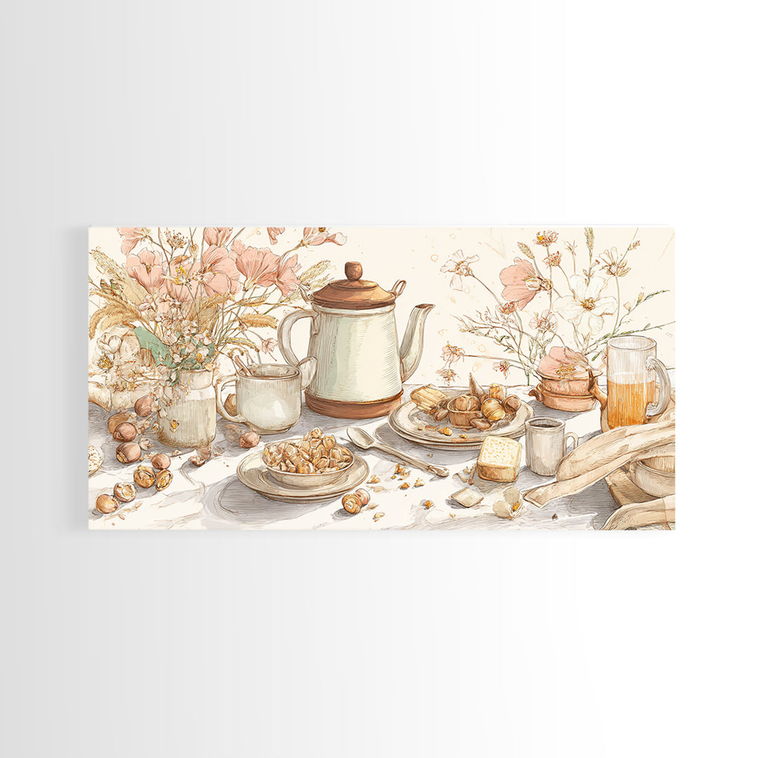 Tea Kettle with Steam and Wildflowers Canvas Print, Kitchen Art, Wall Art, Kitchen Decor, Watercolor Art, Kitchen, KIT-2x1-82