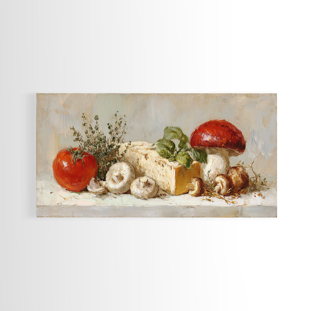Mushrooms and Thyme Botanical Study Framed Canvas Print, Kitchen Art, Contemporary Art, Kitchen Decor, Oil Painting, Kitchen, KIT-2x1-83