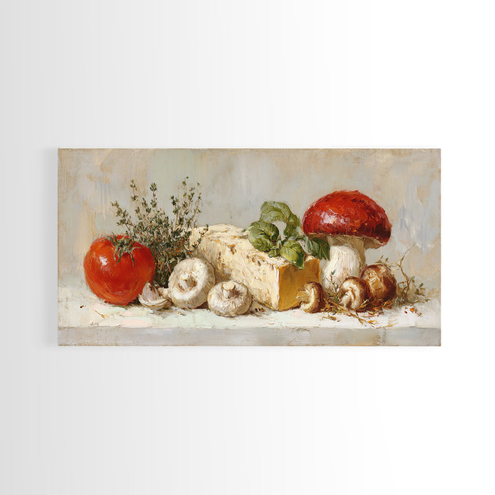 Mushrooms and Thyme Botanical Study Framed Canvas Print, Kitchen Art, Contemporary Art, Kitchen Decor, Oil Painting, Kitchen, KIT-2x1-83