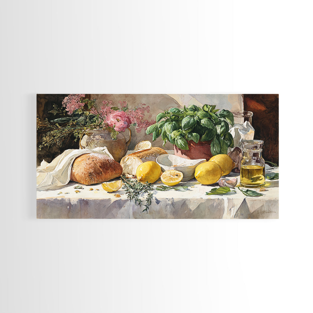 Pasta Lemons and Basil Mediterranean Still Life Framed Canvas Print, Kitchen Art, Digital Wall Art, Kitchen Decor, Kitchen, KIT-2x1-85