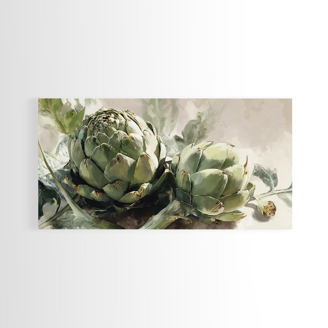 Artichoke Closeup in Painterly Green Tones Framed Canvas Print, Kitchen Art, Kitchen Wall Art, Kitchen Decor, Fine Art, Kitchen, KIT-2x1-88