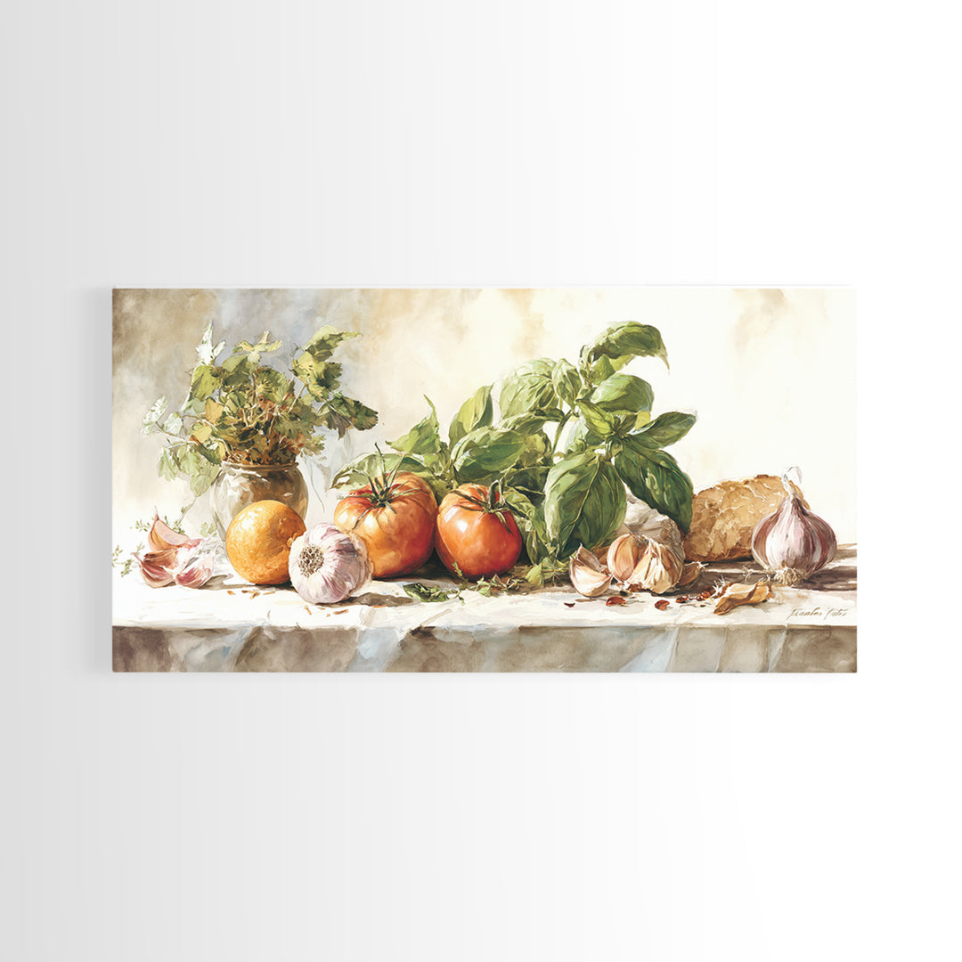 Tomatoes Garlic and Basil on Linen Framed Canvas Print, Kitchen Art, Kitchen Art Print, Kitchen Decor, Fine Art, Kitchen, KIT-2x1-95