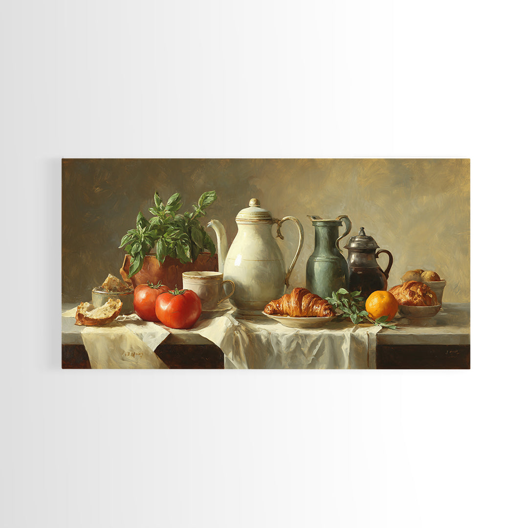 Coffee Pot and Croissant Morning Still Life Framed Canvas Print, Kitchen Art, Printable Art, Kitchen Decor, Fine Art, Kitchen, KIT-2x1-99