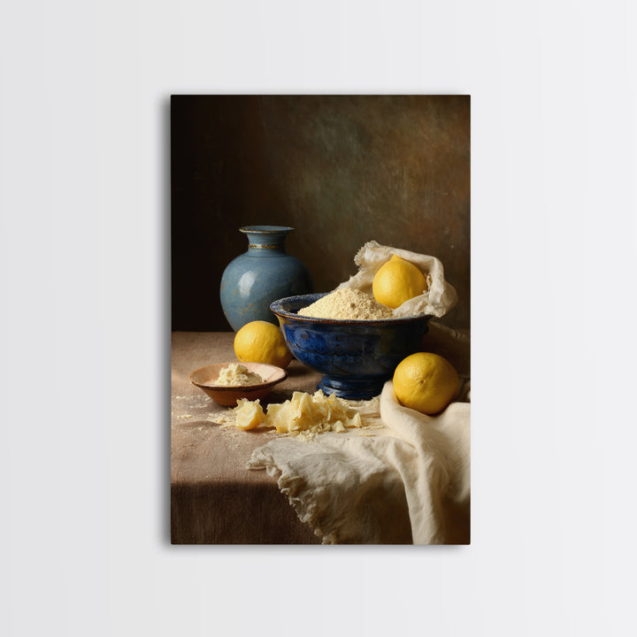 Lemons and Blue Ceramic Bowl Still Life Canvas Print, Kitchen Art, Luxury Decor, Kitchen Decor, Fine Art, Kitchen, Art Prints, KIT-2x3-10