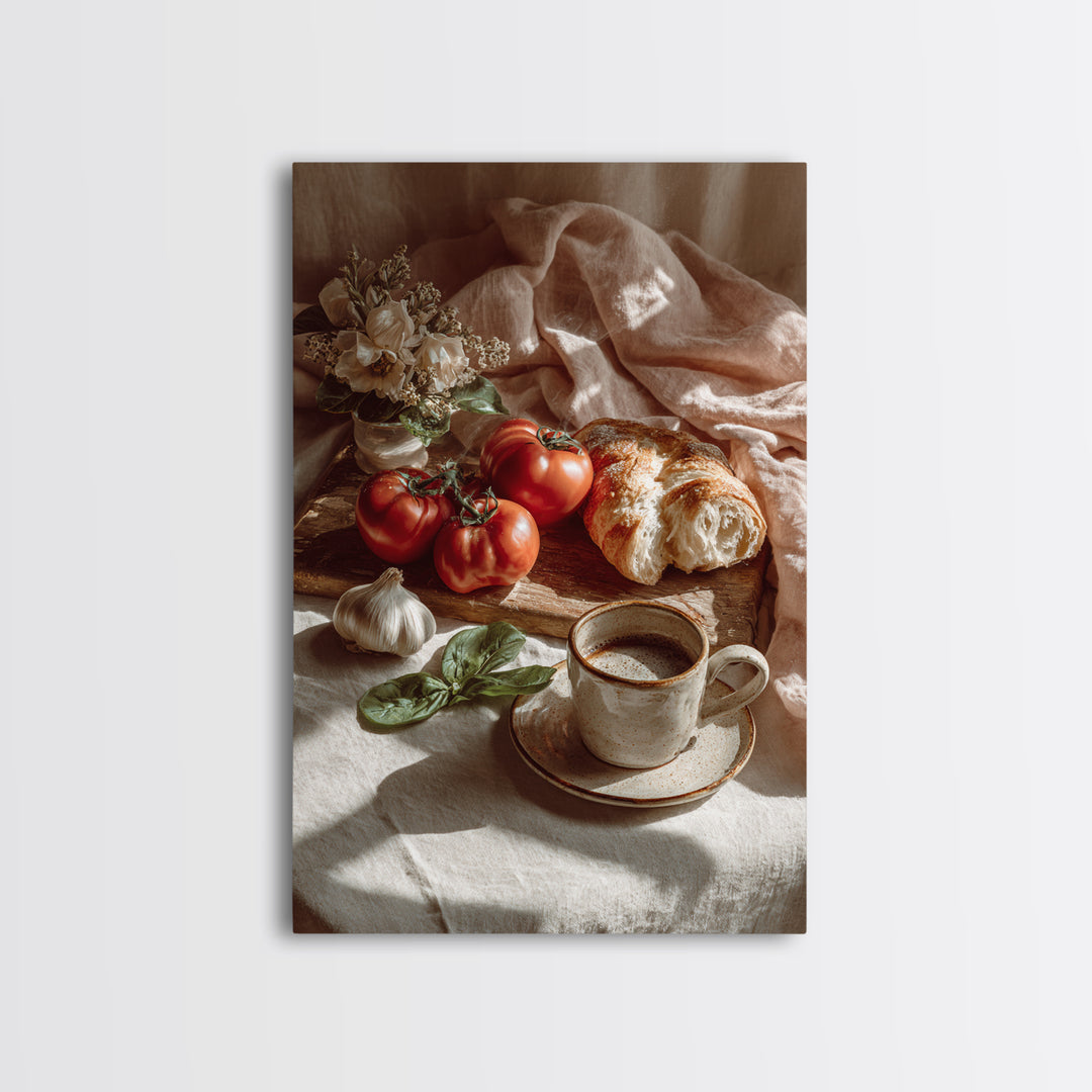 Tomatoes Garlic and Basil on Linen Canvas Print, Kitchen Art, Bar Cart Decor, Kitchen Decor, Kitchen, Minimalist Decor, KIT-2x3-11
