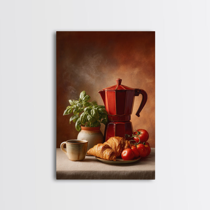 Coffee Pot and Croissant Morning Still Life Canvas Print, Kitchen Art, Gallery Decor, Kitchen Decor, Fine Art, Kitchen, KIT-2x3-15