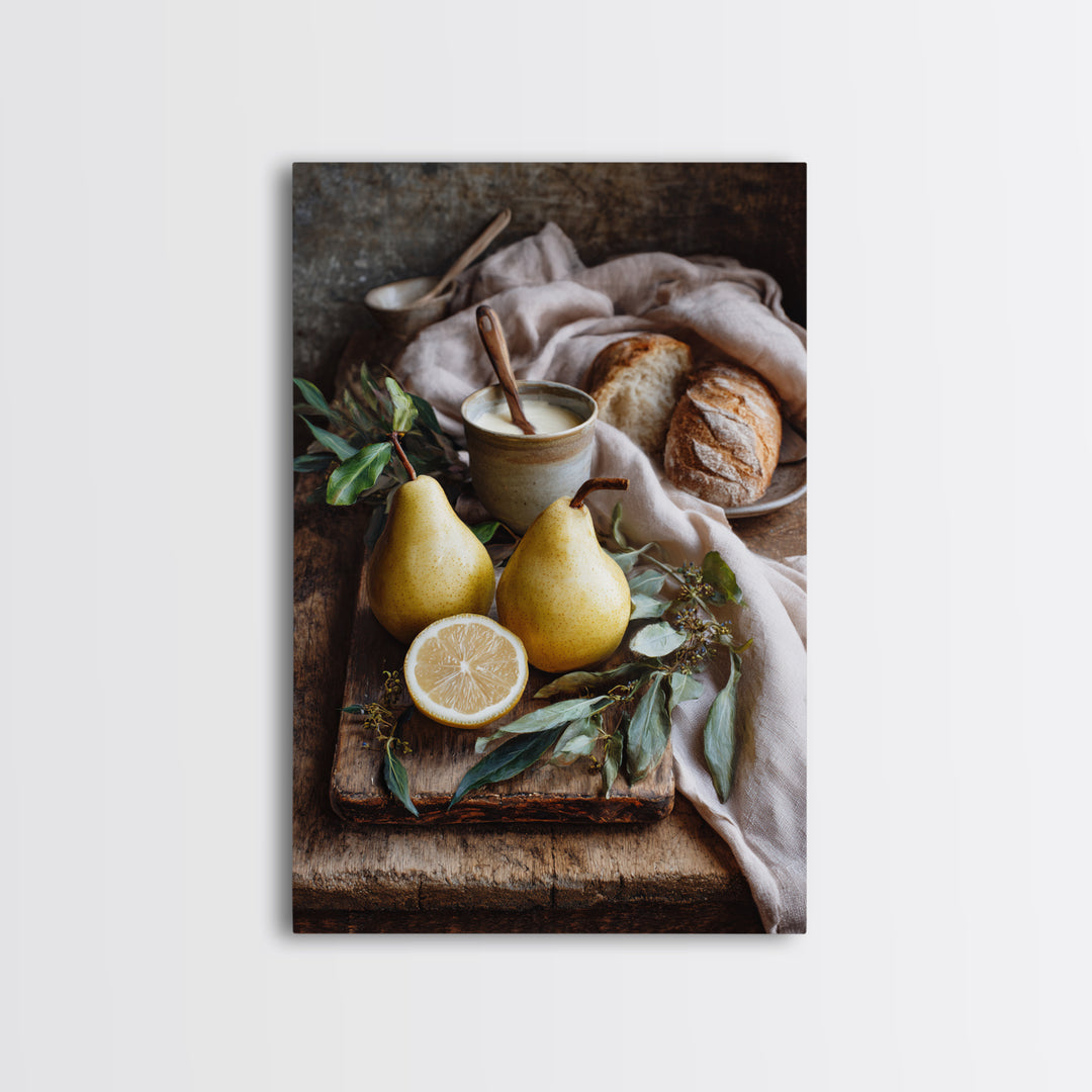 Farmhouse Pears on a Wooden Board Framed Canvas Print, Kitchen Art, Wall Decor, Kitchen Decor, Abstract Art, Kitchen, KIT-2x3-17