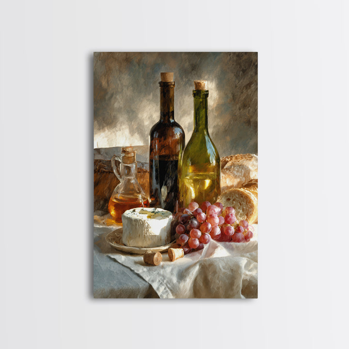 Wine Bottle Grapes and Cheese Still Life Framed Canvas Print, Kitchen Art, Print, Kitchen Decor, Oil Painting, Kitchen, KIT-2x3-20