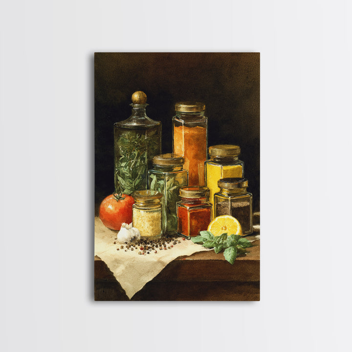 Watercolor Spice Jars Without Readable Labels Framed Canvas Print, Kitchen Art, Kitchen Decor, Oil Painting, Kitchen, KIT-2x3-21