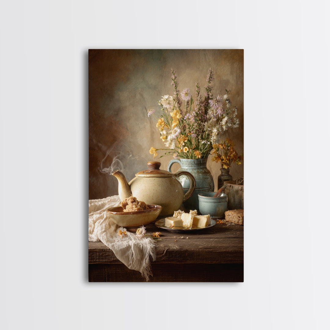 Tea Kettle with Steam and Wildflowers Framed Canvas Print, Kitchen Art, Textured Painting, Kitchen Decor, Fine Art, Kitchen, KIT-2x3-22