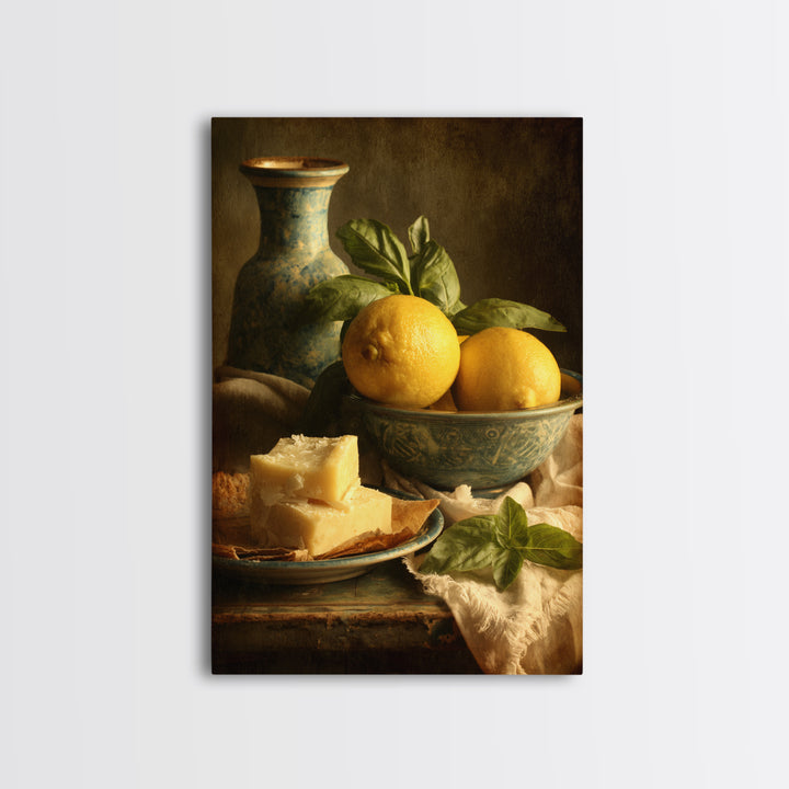 Pasta Lemons and Basil Mediterranean Still Life Framed Canvas Print, Kitchen Art, Wall Art, Kitchen Decor, Fine Art, Kitchen, KIT-2x3-25
