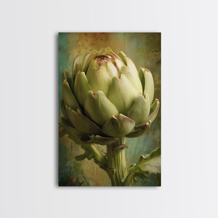 Artichoke Closeup in Painterly Green Tones Framed Canvas Print, Kitchen Art, Digital Print, Kitchen Decor, Fine Art, Kitchen, KIT-2x3-28