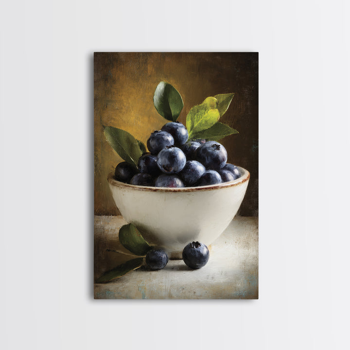 Blueberries in a White Bowl Framed Canvas Print, Kitchen Art, Coffee Print, Kitchen Decor, Fine Art, Kitchen, Textured Painting, KIT-2x3-3