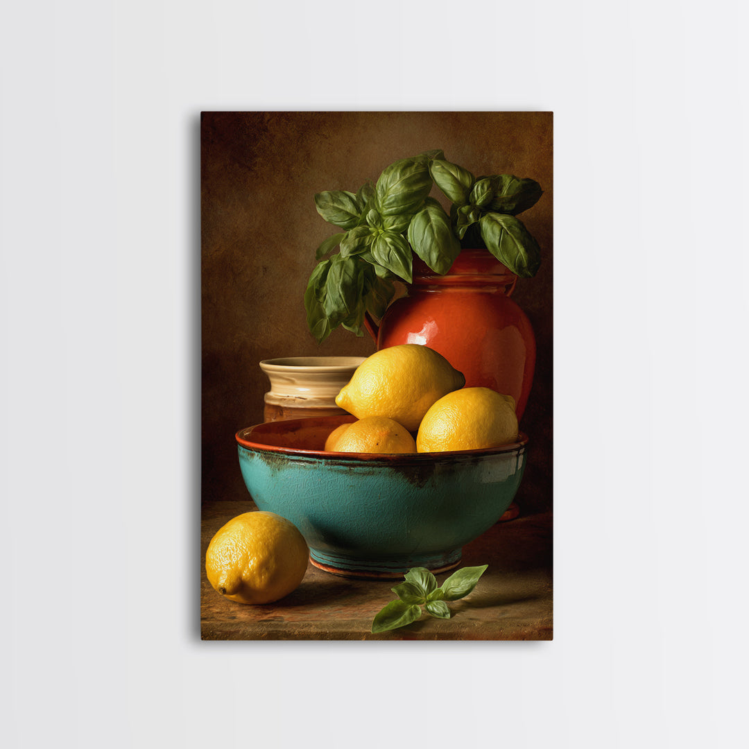 Lemons and Blue Ceramic Bowl Still Life Framed Canvas Print, Kitchen Art, Contemporary Art, Kitchen Decor, Fine Art, Kitchen, KIT-2x3-34