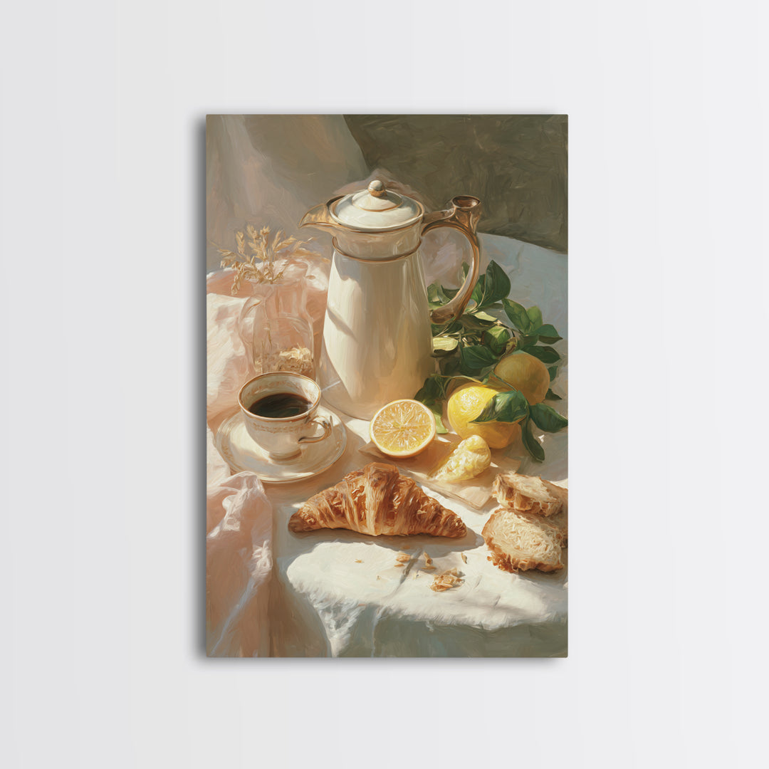 Coffee Pot and Croissant Morning Still Life Canvas Print, Kitchen Art, Minimalist Decor, Kitchen Decor, Fine Art, Kitchen, KIT-2x3-39