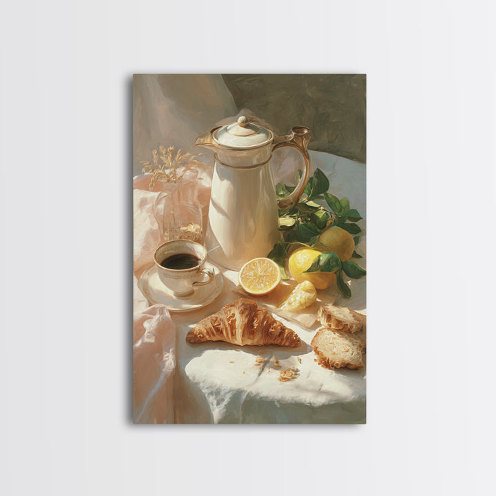 Coffee Pot and Croissant Morning Still Life Canvas Print, Kitchen Art, Minimalist Decor, Kitchen Decor, Fine Art, Kitchen, KIT-2x3-39