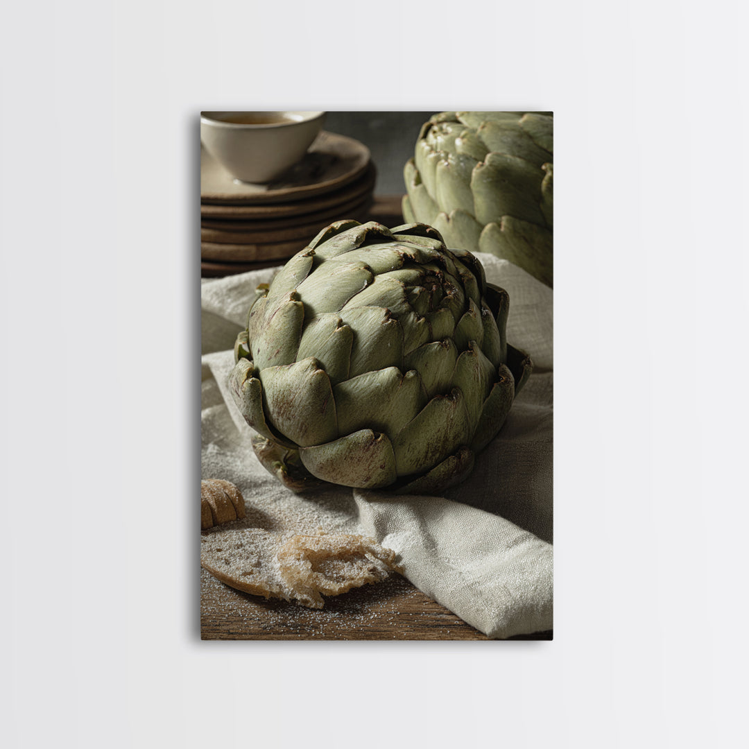 Artichoke Closeup in Painterly Green Tones Framed Canvas Print, Kitchen Art, Statement Artwork, Kitchen Decor, Kitchen, KIT-2x3-4