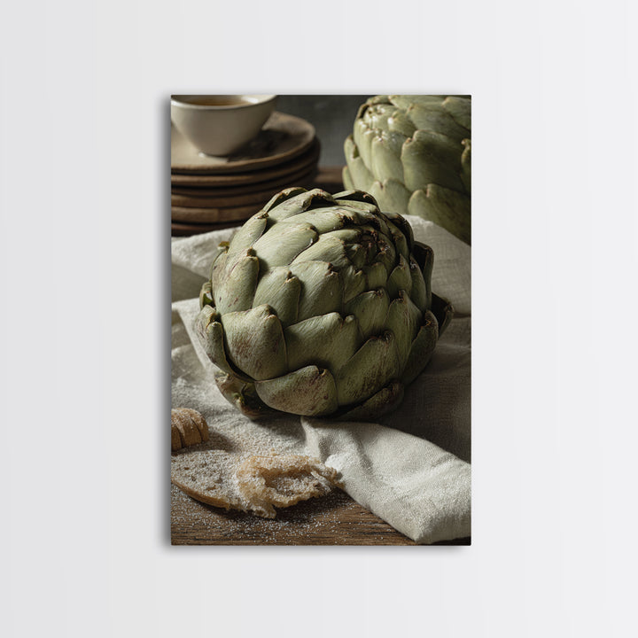 Artichoke Closeup in Painterly Green Tones Framed Canvas Print, Kitchen Art, Statement Artwork, Kitchen Decor, Kitchen, KIT-2x3-4