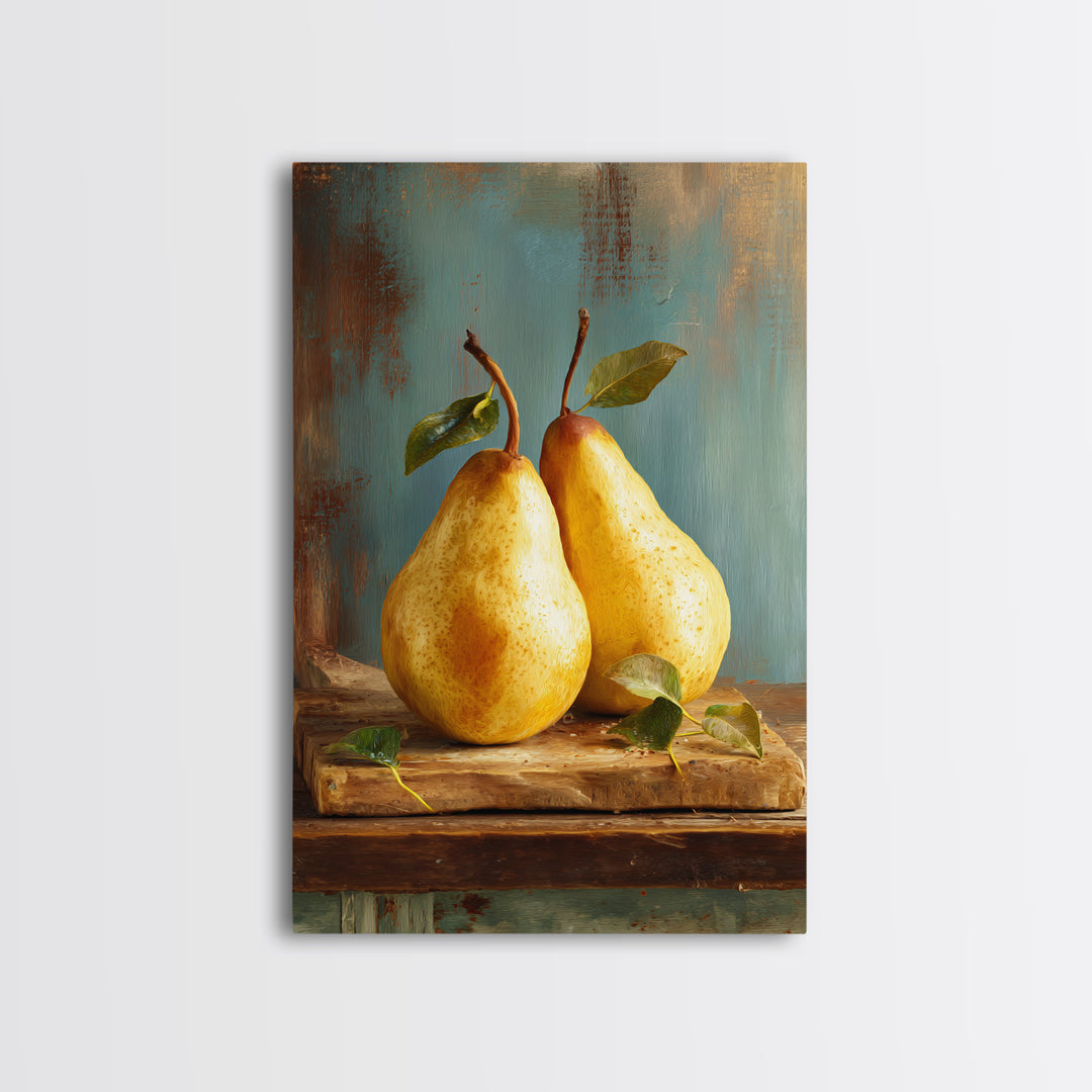 Farmhouse Pears on a Wooden Board Framed Canvas Print, Kitchen Art, Wall Decor, Kitchen Decor, Abstract Art, Kitchen, KIT-2x3-41