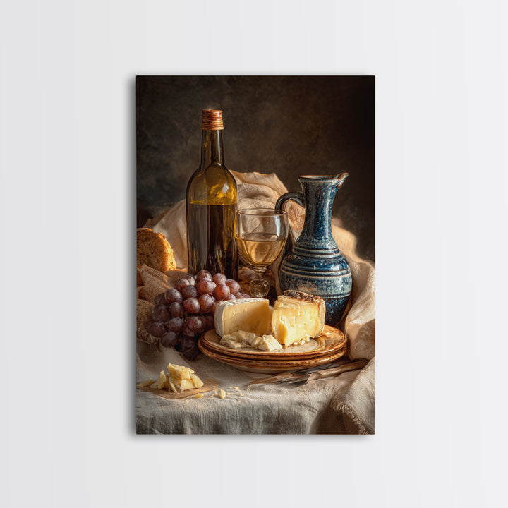 Wine Bottle Grapes and Cheese Still Life Framed Canvas Print, Kitchen Art, Kitchen Art Print, Kitchen Decor, Watercolor Art, KIT-2x3-44