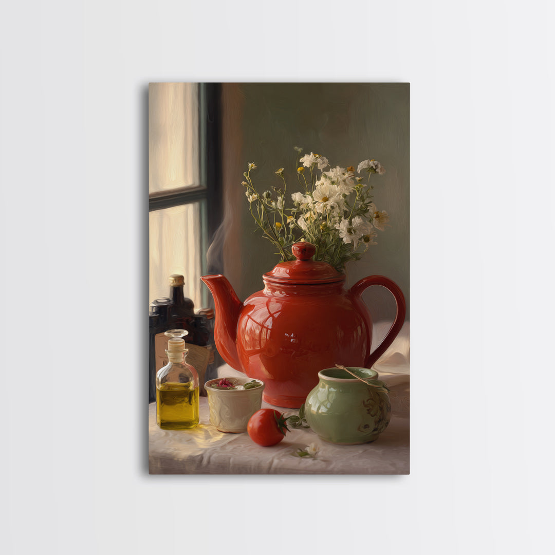 Tea Kettle with Steam and Wildflowers Framed Canvas Print, Kitchen Art, Textured Painting, Kitchen Decor, Fine Art, Kitchen, KIT-2x3-46
