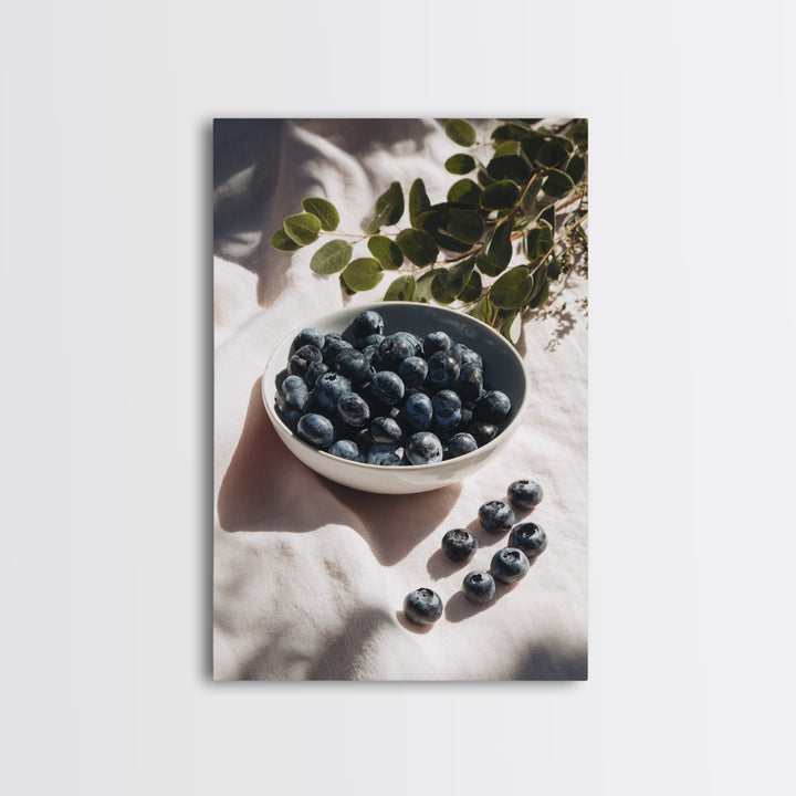 Blueberries in a White Bowl Framed Canvas Print, Kitchen Art, Room Decor, Kitchen Decor, Oil Painting, Kitchen, Digital Art, KIT-2x3-51