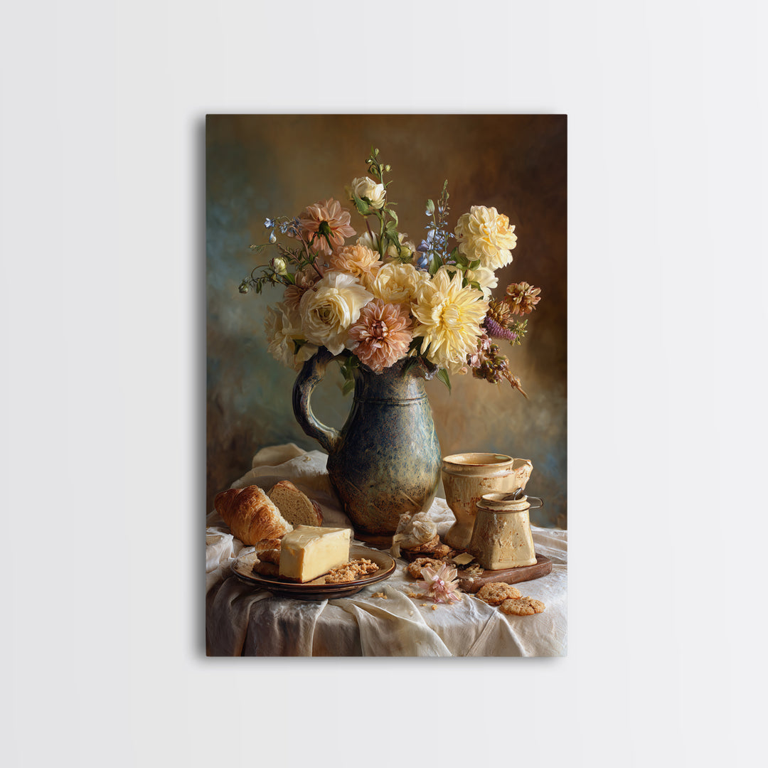 Floral Bouquet in a Kitchen Pitcher Framed Canvas Print, Kitchen Art, Neutral Decor, Kitchen Decor, Fine Art, Kitchen, KIT-2x3-56
