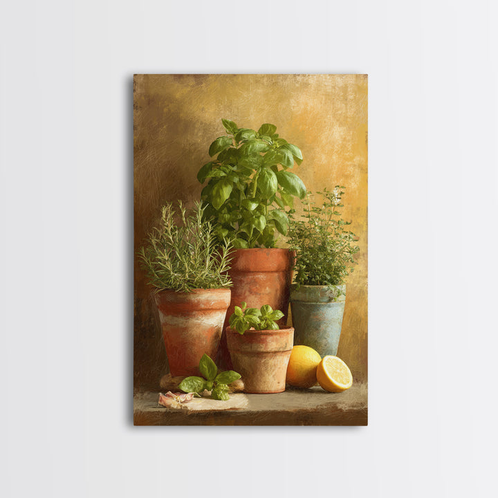 Fresh Herbs in Terracotta Pots Canvas Print, Kitchen Art, Digital Print, Kitchen Decor, Oil Painting, Kitchen, Kitchen Print, KIT-2x3-57