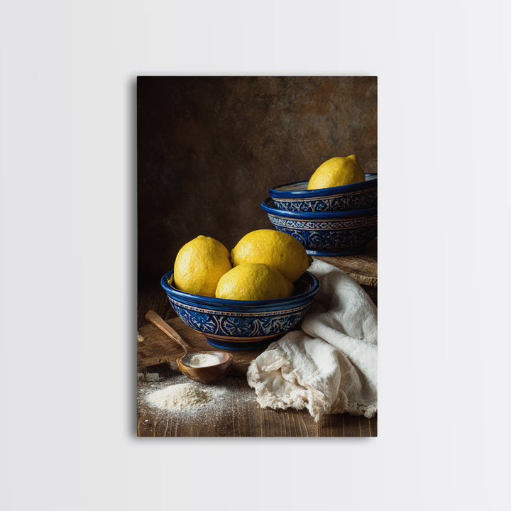 Lemons and Blue Ceramic Bowl Still Life Canvas Print, Kitchen Art, Prints, Kitchen Decor, Fine Art, Kitchen, Kitchen Wall Decor, KIT-2x3-58