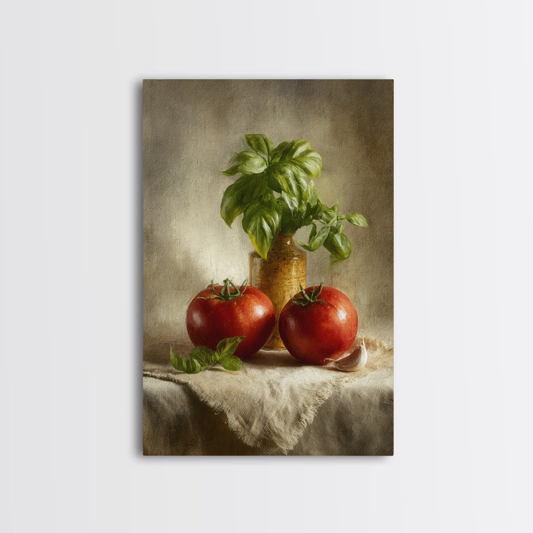Tomatoes Garlic and Basil on Linen Framed Canvas Print, Kitchen Art, Kitchen, Kitchen Decor, Abstract Art, Kitchen, KIT-2x3-59