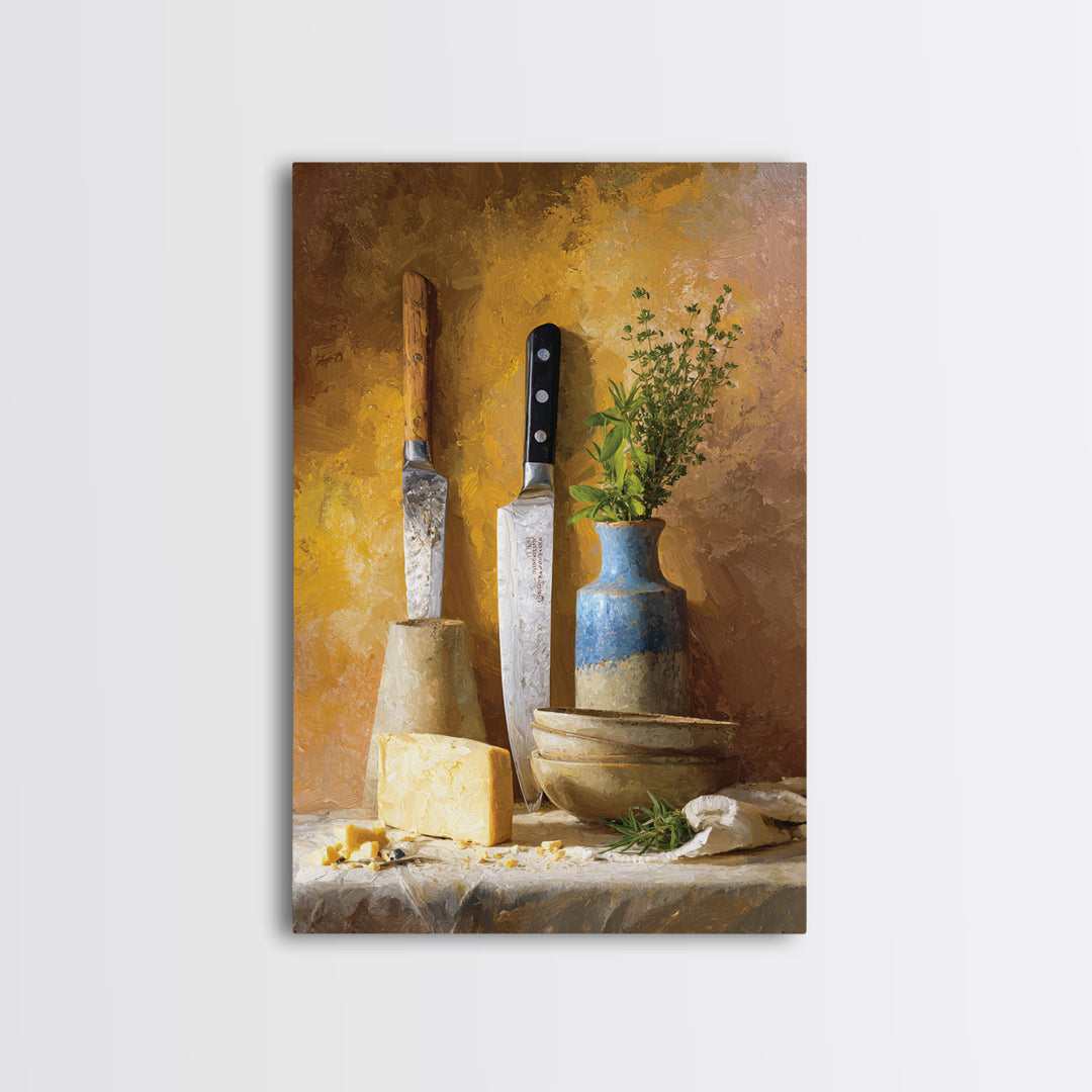 Chef Knives and Herbs Arranged as Graphic Canvas Print, Kitchen Art, Home Decor, Kitchen Decor, Oil Painting, Kitchen, KIT-2x3-66
