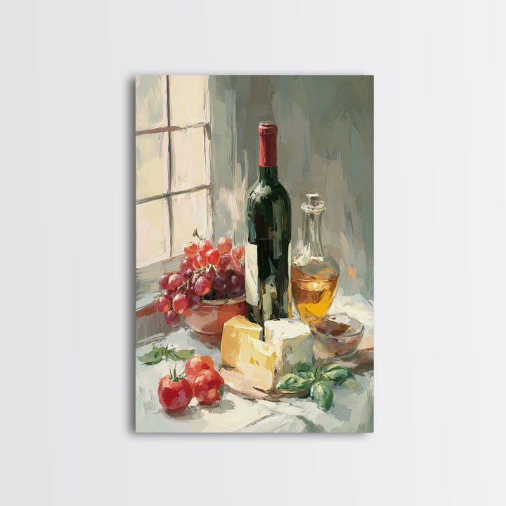 Wine Bottle Grapes and Cheese Still Life Framed Canvas Print, Kitchen Art, Digital Art, Kitchen Decor, Fine Art, Kitchen, KIT-2x3-68