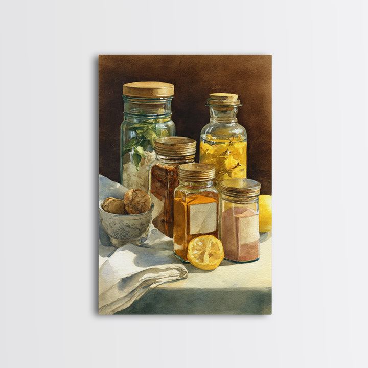 Watercolor Spice Jars Without Readable Labels Framed Canvas Print, Kitchen Art, Art Deco, Kitchen Decor, Fine Art, Kitchen, KIT-2x3-69