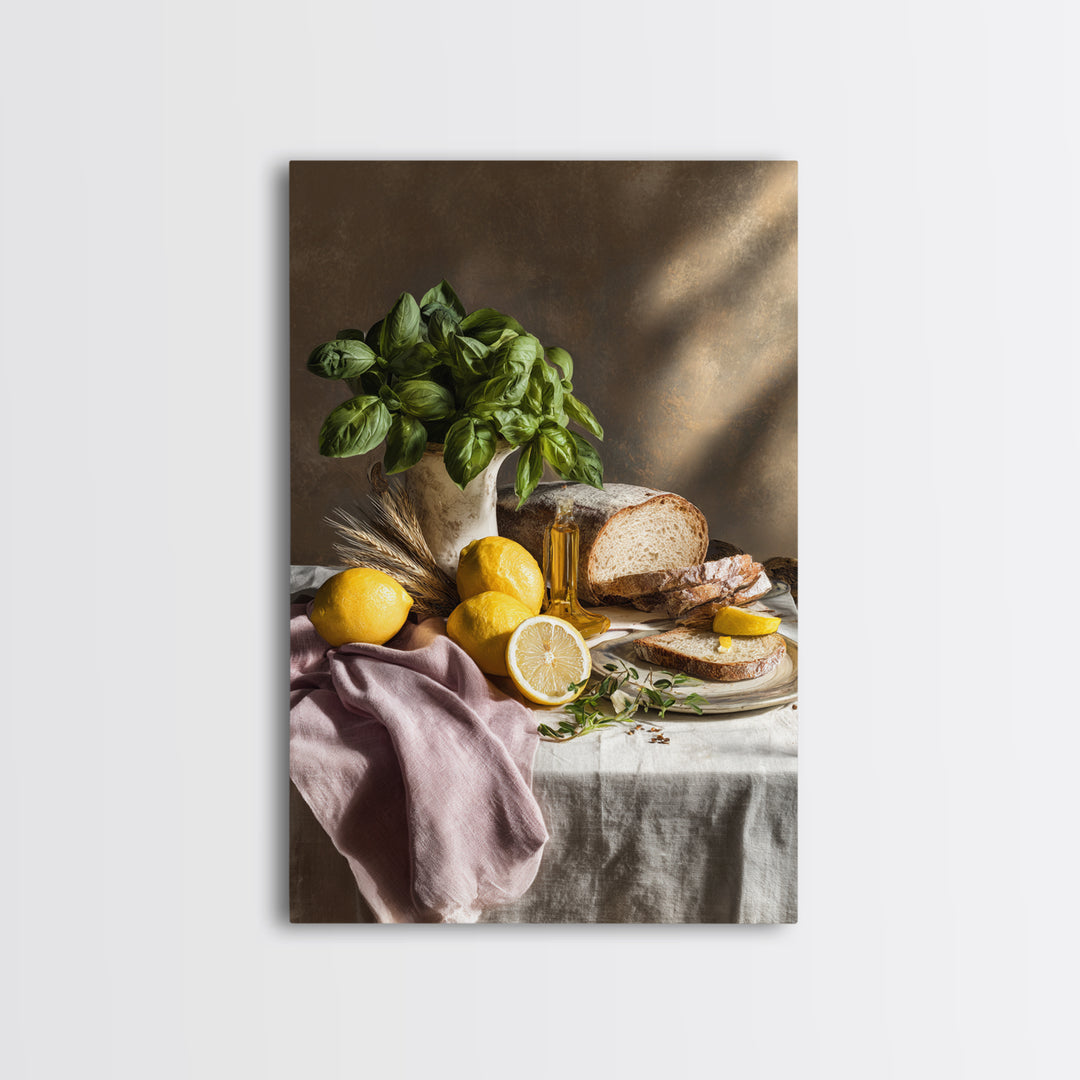Pasta Lemons and Basil Mediterranean Still Life Framed Canvas Print, Kitchen Art, Kitchen Decor, Kitchen, Trendy Wall Art, KIT-2x3-73