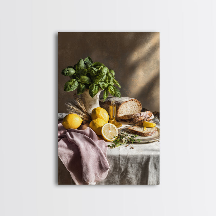 Pasta Lemons and Basil Mediterranean Still Life Framed Canvas Print, Kitchen Art, Kitchen Decor, Kitchen, Trendy Wall Art, KIT-2x3-73
