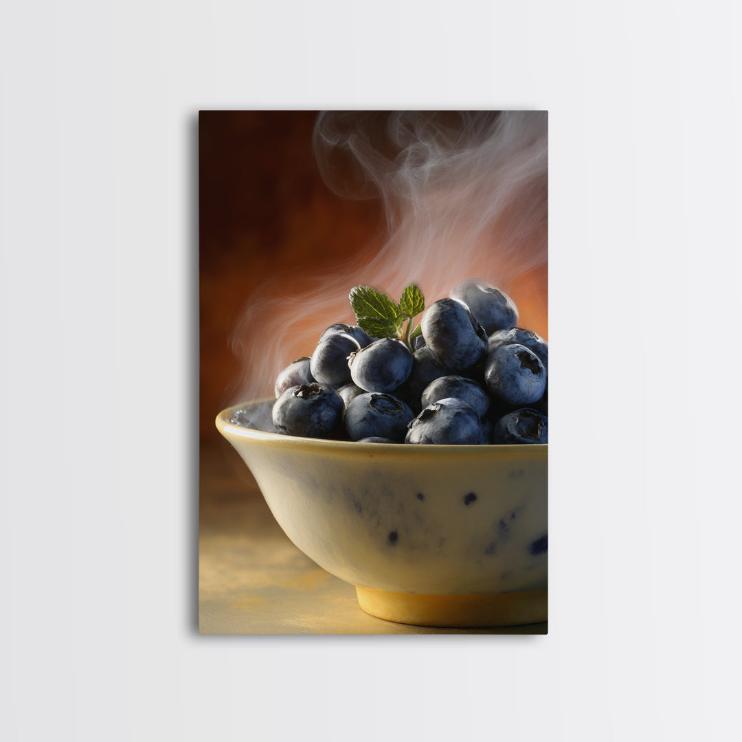 Blueberries in a White Bowl Framed Canvas Print, Kitchen Art, Art Prints, Kitchen Decor, Fine Art, Kitchen, Modern Art, KIT-2x3-75