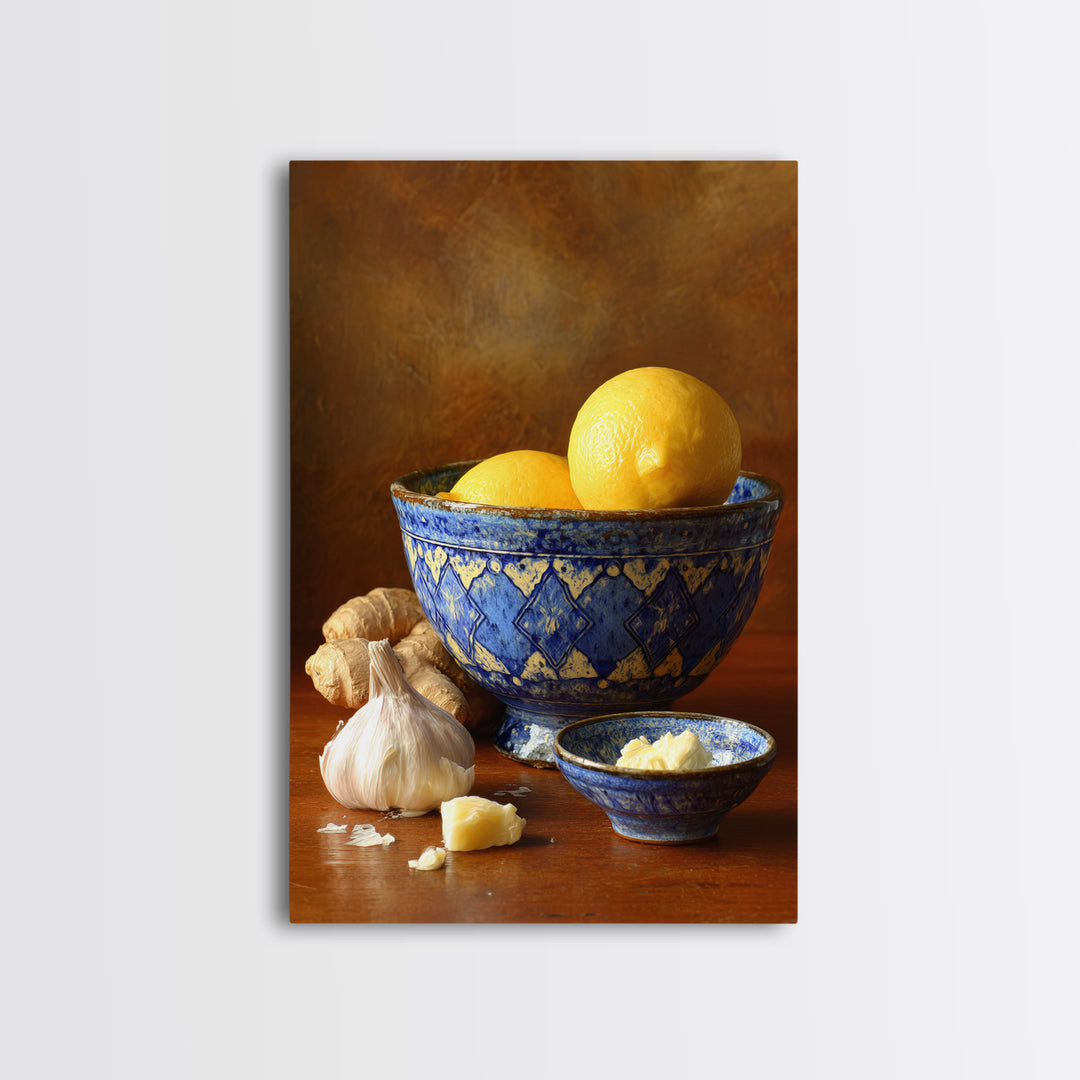 Lemons and Blue Ceramic Bowl Still Life Canvas Print, Kitchen Art, Prints, Kitchen Decor, Fine Art, Kitchen, Kitchen Wall Decor, KIT-2x3-82