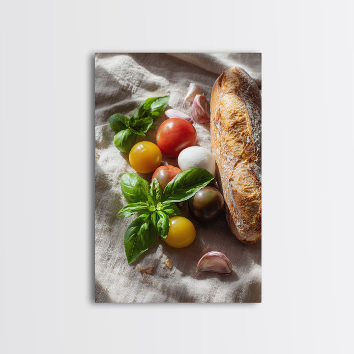 Tomatoes Garlic and Basil on Linen Framed Canvas Print, Kitchen Art, Printable Art, Kitchen Decor, Fine Art, Kitchen, KIT-2x3-83