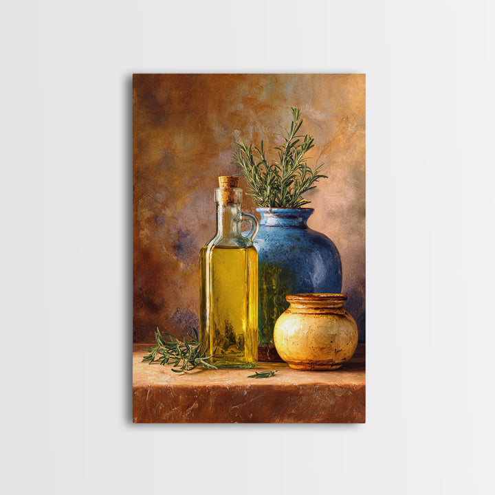 Olive Oil Bottle and Rosemary Branch Framed Canvas Print, Kitchen Art, Printable Art, Kitchen Decor, Oil Painting, Kitchen, KIT-2x3-85