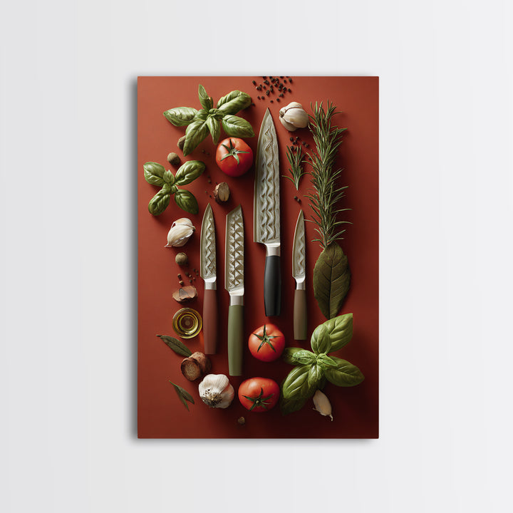 Chef Knives and Herbs Arranged as Graphic Framed Canvas Print, Kitchen Art, Art Prints, Kitchen Decor, Fine Art, Kitchen, KIT-2x3-90