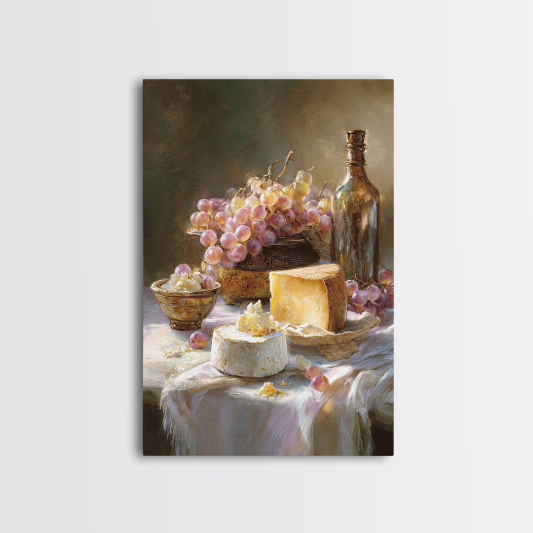 Wine Bottle Grapes and Cheese Still Life Framed Canvas Print, Kitchen Art, Gallery Decor, Kitchen Decor, Abstract Art, Kitchen, KIT-2x3-92