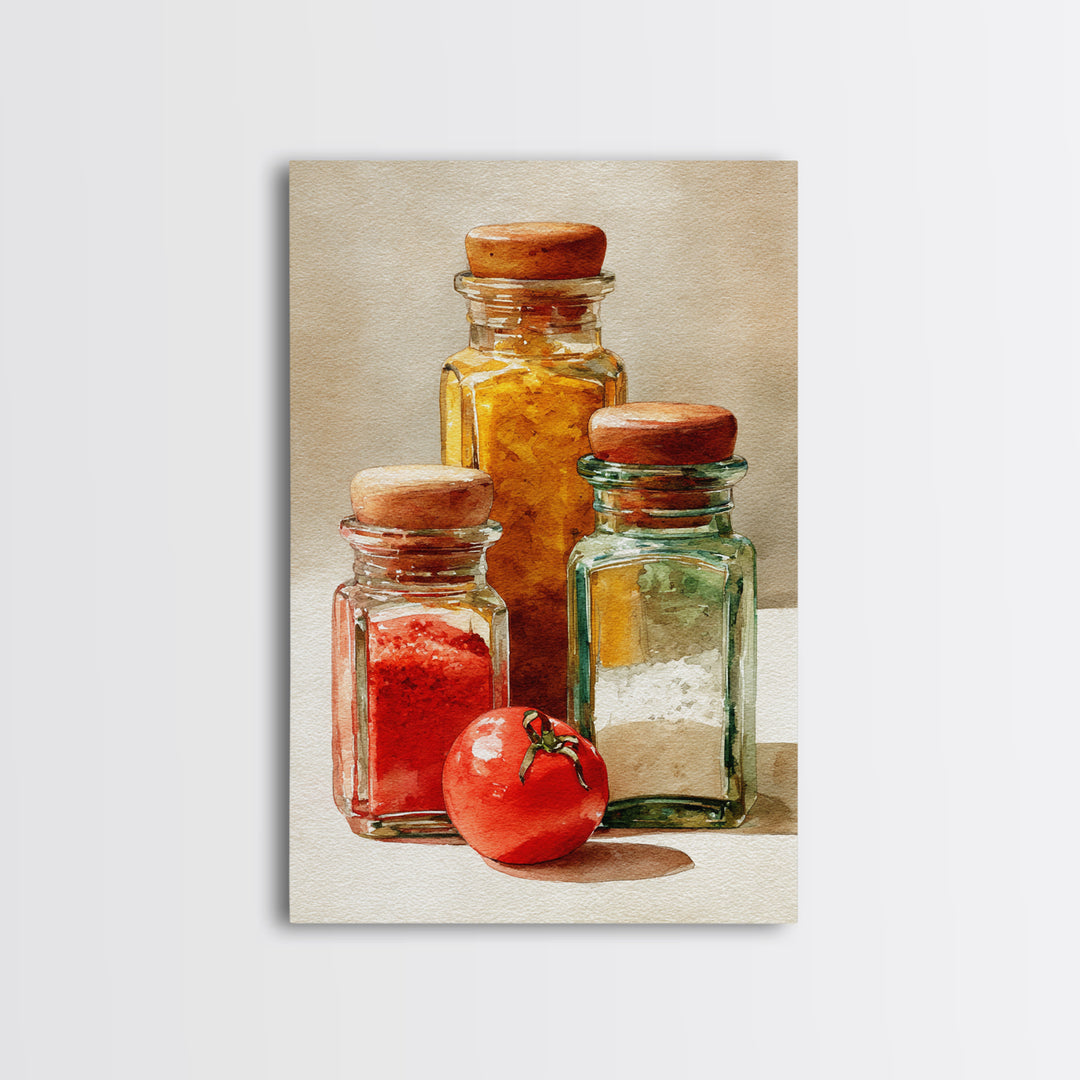 Watercolor Spice Jars Without Readable Labels Framed Canvas Print, Kitchen Art, Art Deco, Kitchen Decor, Fine Art, Kitchen, KIT-2x3-93