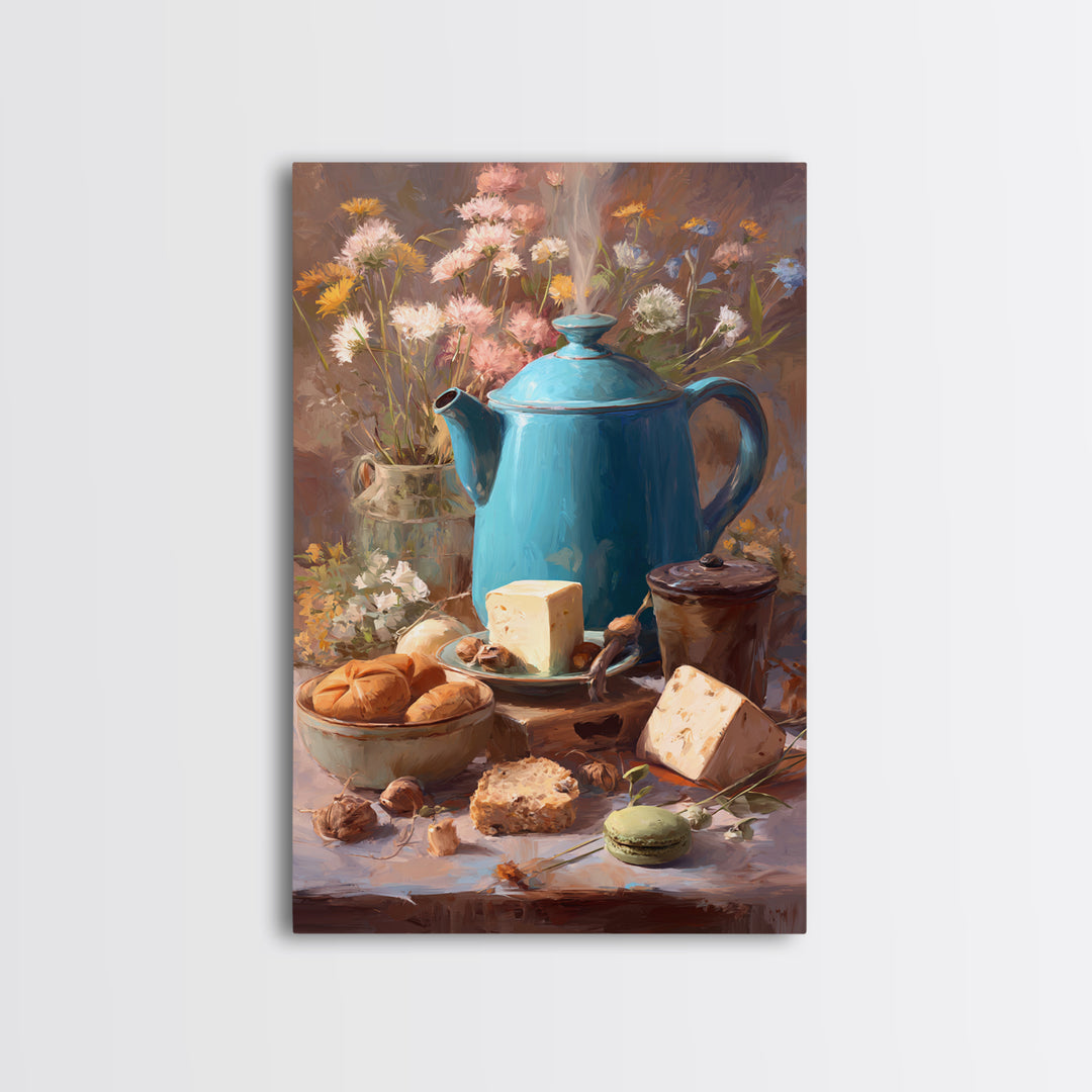 Tea Kettle with Steam and Wildflowers Framed Canvas Print, Kitchen Art, Digital Art, Kitchen Decor, Watercolor Art, Kitchen, KIT-2x3-94