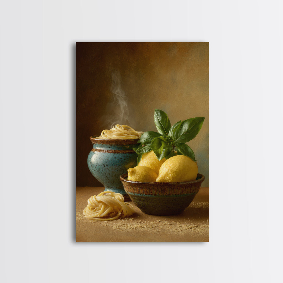 Pasta Lemons and Basil Mediterranean Still Life Framed Canvas Print, Kitchen Art, Kitchen Decor, Kitchen, Trendy Wall Art, KIT-2x3-97