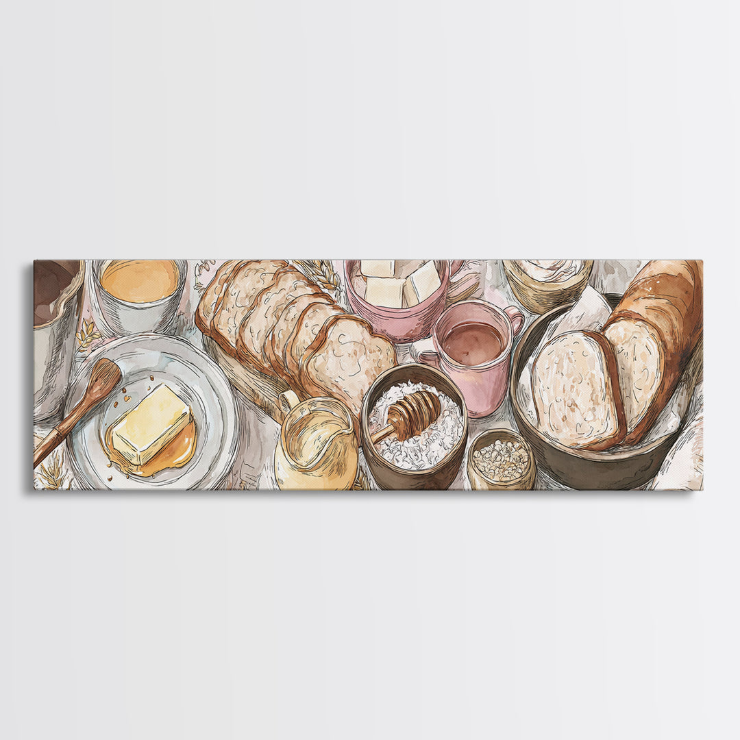 Fresh Bread with Butter and Honey Framed Canvas Print, Kitchen Art, Home Decor, Kitchen Decor, Fine Art, Kitchen, Digital Print, KIT-3x1-10