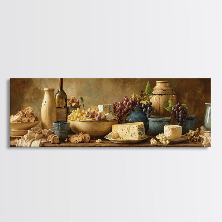 Wine Bottle Grapes and Cheese Still Life Canvas Print, Kitchen Art, Modern Decor, Kitchen Decor, Abstract Art, Kitchen, KIT-3x1-100