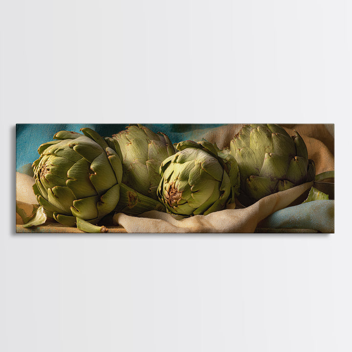 Artichoke Closeup in Painterly Green Tones Framed Canvas Print, Kitchen Art, Trendy Wall Art, Kitchen Decor, Fine Art, Kitchen, KIT-3x1-12